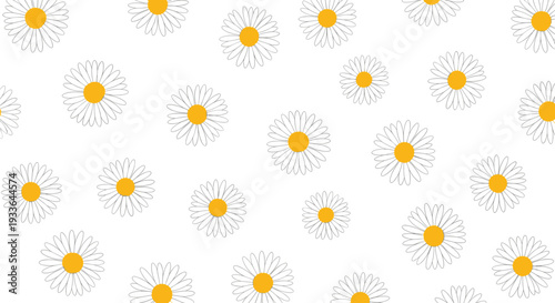 Seamless floral pattern featuring white daisies with yellow centers scattered across a clean white background.