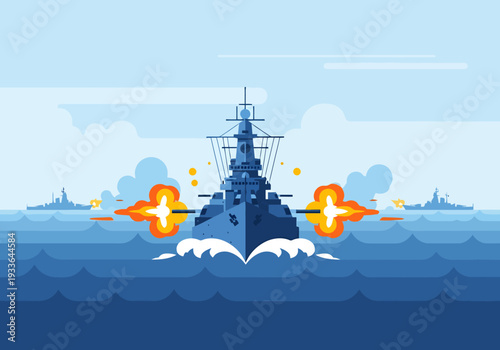 Naval fleet in open water with battleships firing cannons during combat simulation representing maritime warfare and military strategy planning