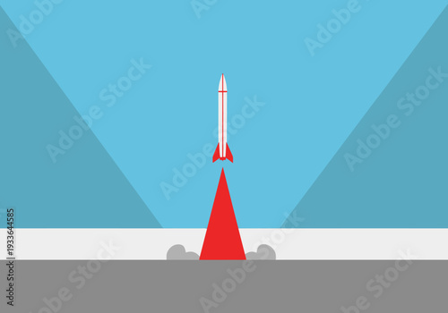Rocket Launching Upward Through The Sky With Red Plasma And Smoke On A Clear Day Minimalist Style