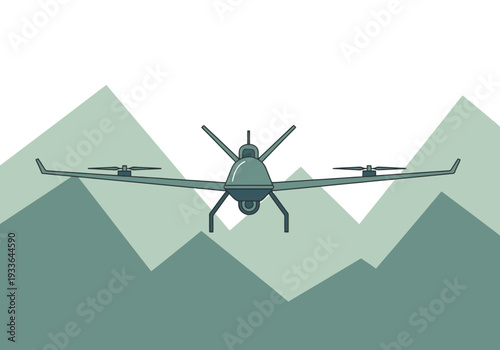 Unmanned aerial vehicle with wide wingspan flying over geometric mountain landscape in muted green and blue tones