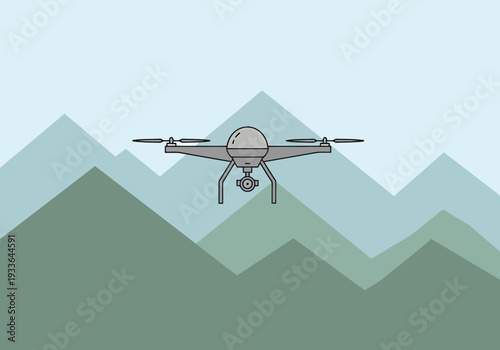 Unmanned Aerial Vehicle Flying Over Rolling Green Mountain Peaks Under a Pale Blue Sky