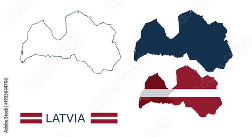 Map silhouettes and flag designs representing the country of Latvia for educational or geographical purposes.