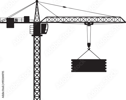 Black silhouette construction crane with concrete block