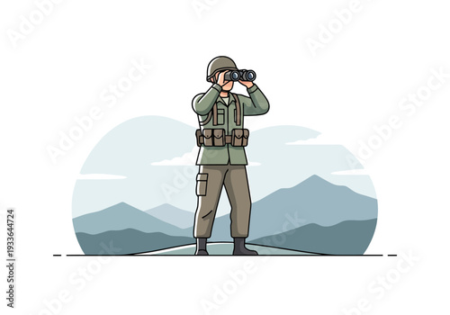 Modern Soldier With Binoculars Scouting Mountainous Landscape For Strategic Reconnaissance Mission