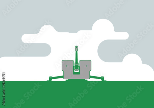 Modern Anti Aircraft Weapon System With Stabilizing Legs Positioned On A Green Field Under A Cloudy Gray Sky Stylized As Flat Design Artwork
