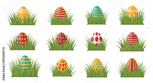 Colorful Easter eggs with different patterns and stripes hidden in patches of green grass for a traditional egg hunt.