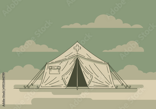 Field Aid Station Military Medical Tent Setup Outdoors Under Clouds Providing Emergency Health Services And Shelter For Humanitarian Missions