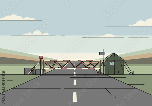 Roadblock And Military Tent Set Up On Highway With Landscape And Clouds In Background Flat Design