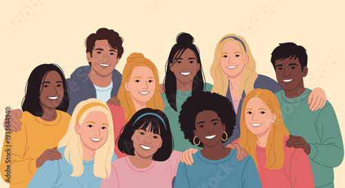 Diverse group of young people from different backgrounds standing together and smiling for a friendly group portrait.