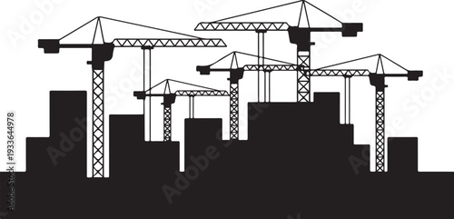 Black silhouette construction cranes and buildings
