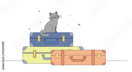 Adorable gray cat sitting comfortably on top of a stack of colorful travel suitcases in a simple room setting.