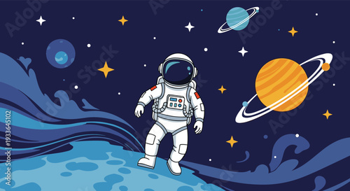 Brave astronaut in a white spacesuit floating in the vast dark galaxy near a ringed planet and bright glowing stars.