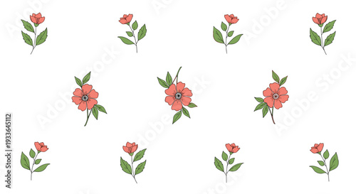 Seamless wallpaper pattern featuring delicate pink flowers on thin stems distributed evenly across a white space.