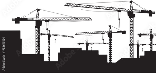 Black silhouette construction cranes and buildings