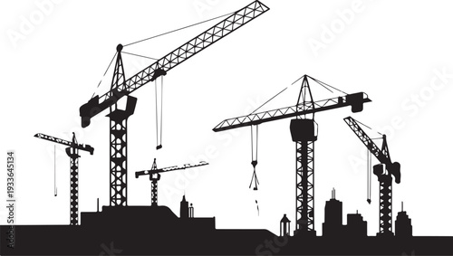 Black silhouette construction cranes and city skyline
