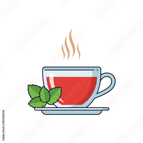 Hot Tea Cup with Mint Leaves and Steam.