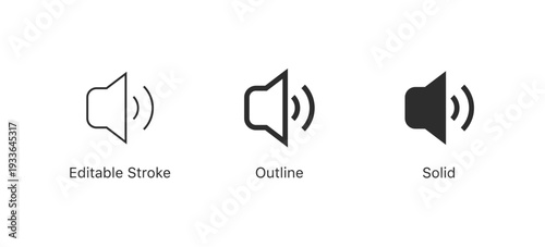 Speaker volume icon set in editable stroke, outline and solid styles, audio sound control vector symbols