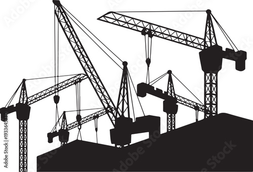 Black silhouette construction cranes on building site