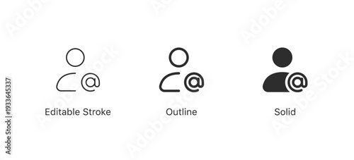 User contact email icon set in editable stroke, outline and solid styles, account communication vector symbols