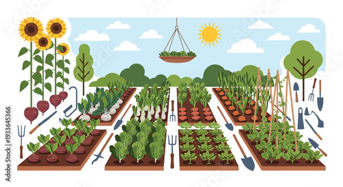 Detailed vegetable garden layout with sunflowers and various plant beds showing garden tools and a bright sunny day landscape.