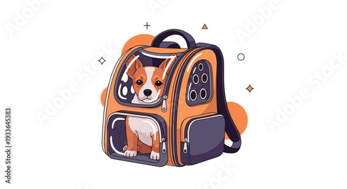 Cute small dog looking out from an orange pet carrier backpack with transparent window designed for safe animal transportation.