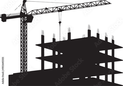 Black silhouette construction site with crane and building