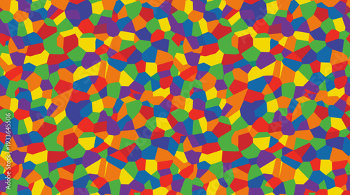 A vibrant and colorful abstract mosaic pattern composed of irregular geometric shapes in a rainbow of hues.