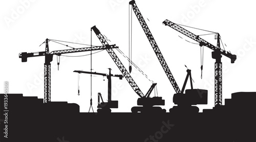Black silhouette construction cranes on white background