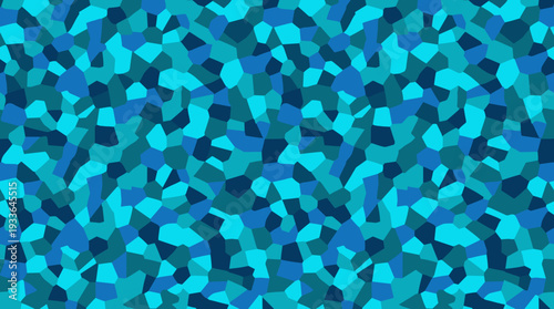 A vibrant mosaic pattern composed of irregular geometric shapes in various shades of blue and teal.