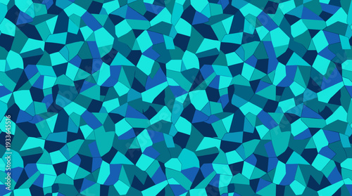 A vibrant and dynamic abstract pattern composed of numerous irregular geometric shapes in varying shades of blue and teal.