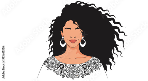 Beautiful woman with voluminous curly black hair wearing a white embroidered top and large hoop earrings portrait.