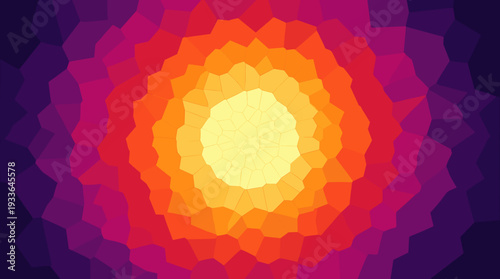 Abstract geometric pattern with a vibrant gradient of warm colors radiating from a bright yellow center.