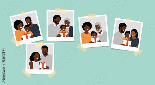 Series of polaroid photos showing a happy Black family celebrating together and giving gifts taped to a blue background.