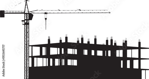 Black silhouette construction site with crane and building