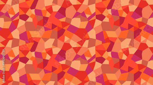 A seamless geometric pattern featuring a tessellation of irregular polygons in warm shades of red, orange, and pink.