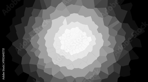 Abstract grayscale geometric pattern radiating outwards from a bright white center.
