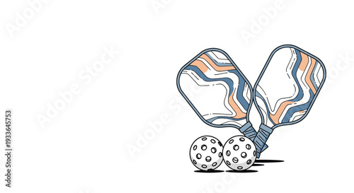 Pair of pickleball paddles with wavy patterns and two white perforated balls on a white background for sports theme.