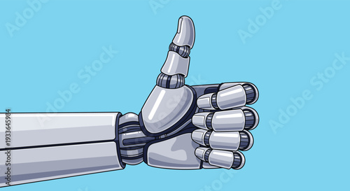 Robotic hand made of white and grey metal parts giving a thumbs up gesture against a solid blue background for tech.