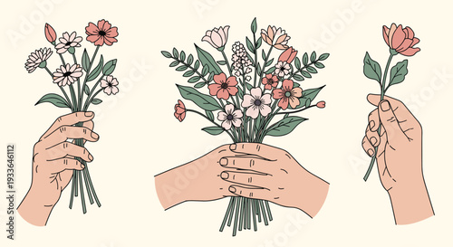 Three human hands holding different floral arrangements including a full bouquet and single flowers on cream background.