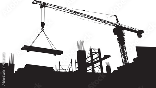 Black silhouette construction site with crane and building