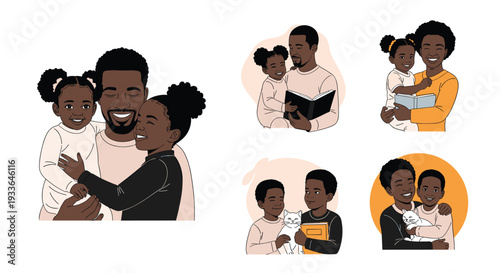 Collection of heartwarming illustrations featuring a Black father bonding with his children through reading and hugs.