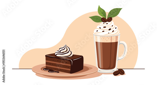 Delicious slice of chocolate layer cake on a plate next to a specialty coffee drink with whipped cream and beans.