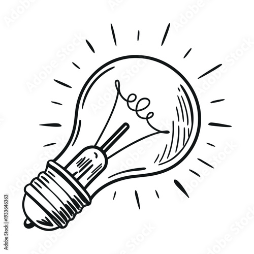 Hand Drawn Light Bulb Vector Illustration, Glowing Incandescent Lamp Sketch for Creative Idea, Innovation, and Brainstorming Concepts, Black Line Art Isolated on White Background