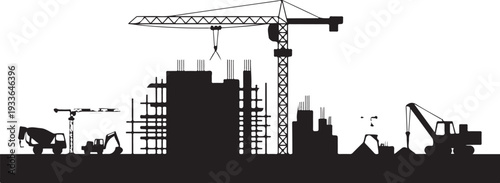 Black silhouette construction site with crane and buildings