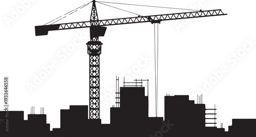 Black silhouette construction site with crane and buildings