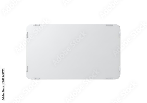 A white rectangular object with rounded corners and hinges at each corner