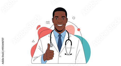 Professional African American male doctor in a white lab coat and stethoscope giving a confident thumbs up against an abstract background.