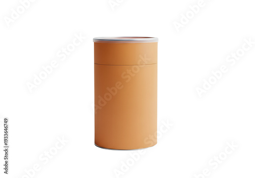 An orange cylindrical container with a lid sits on a white surface
