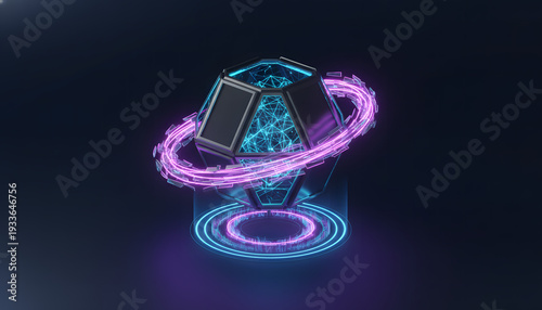 Plakat w ramie Futuristic hexagonal data node with orbiting digital rings 