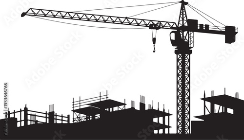 Black silhouette construction site with crane and buildings